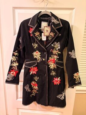 paparazzi Black Trench Coat with Red & Green Floral Embroidery
